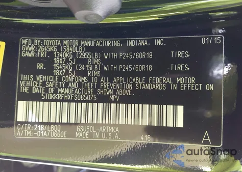 2015 Toyota Highlander Xle V6 z USA, uszkodzony, nr VIN 5TDKKRFHXFS065075